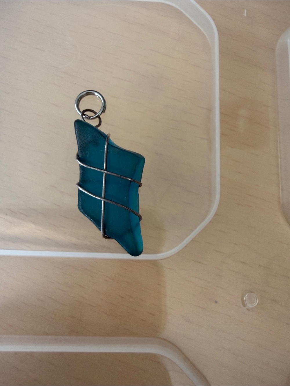 Handmade Teal Sea Glass Pendant Wrapped in Silver Wire - Unbranded